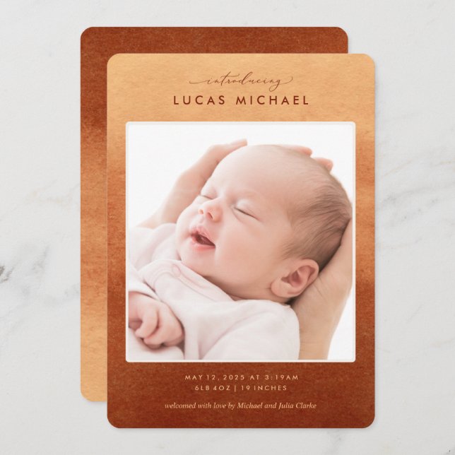 Boho Terracotta Ombre Foto Geburtsankündigung Einladung (Vorne/Hinten)