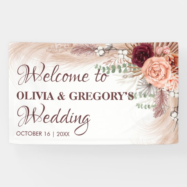 Boho Terracotta Pampas Floral Burgundy Wedding Banner (Horizontal)