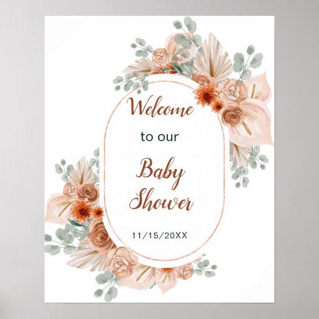 Boho Terracotta Pampas Grass Baby Dusche Poster (Vorne)