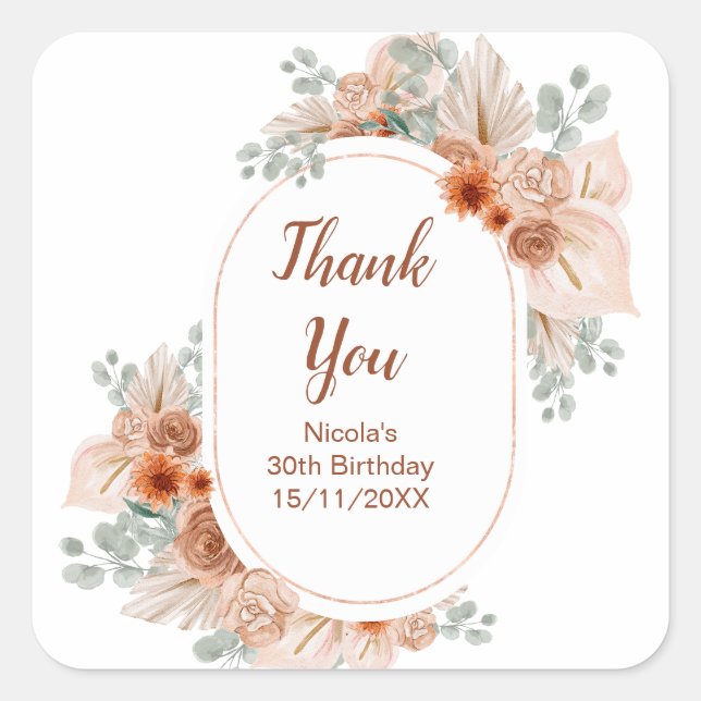Boho Terracotta Pampas Grass Birthday Quadratischer Aufkleber (Vorderseite)
