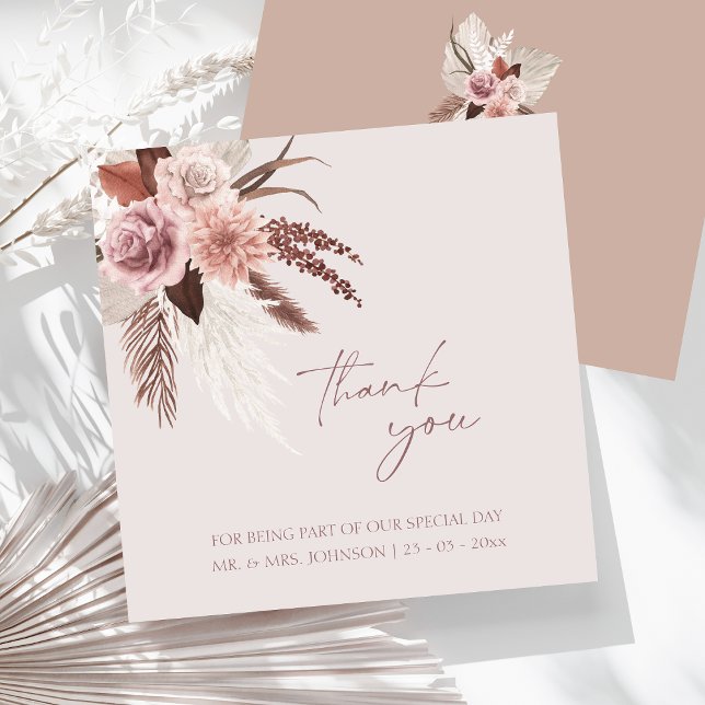 Boho Terracotta Pampas Grass Floral Wedding Dankeskarte (Boho Dusty Pink Dried Flowers Pampas Grass Wedding Thank You Card)