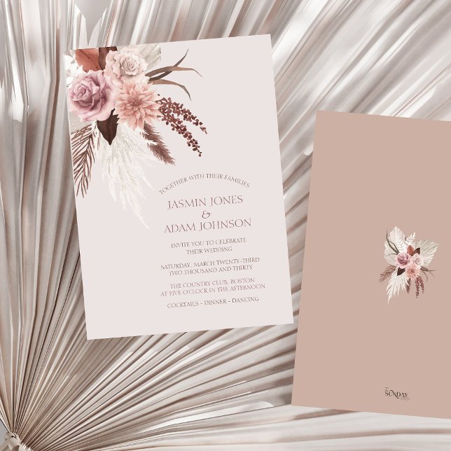 Boho Terracotta Pampas Grass Floral Wedding Einladung (Boho Dusty Pink Dried Flowers Pampas Grass Wedding Invitation)