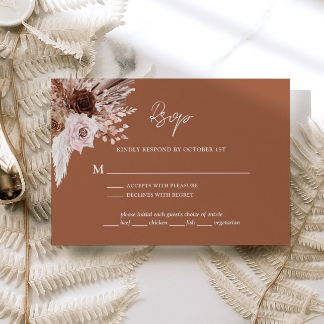 Boho Terracotta Pampas Grass Floral Wedding RSVP Karte (Von Creator hochgeladen)
