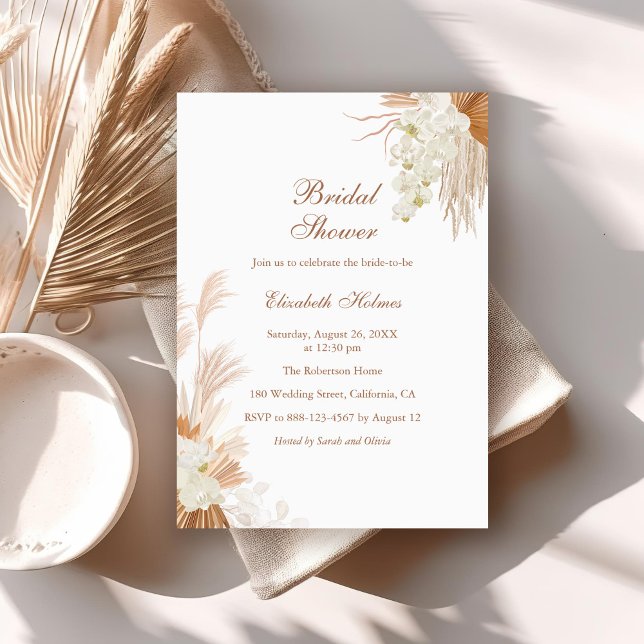 Boho Terracotta Pampas Grass Orchid Brautparty Einladung (Boho Terracotta Pampas Grass Orchid Bridal Shower Invitation on boho table with dry palm leaf.)