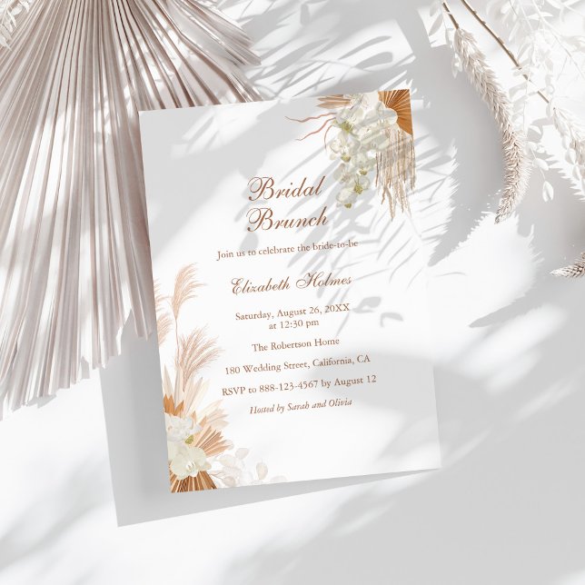 Boho Terracotta Pampas Grass Orchid Bridal Brunch Einladung (Boho Terracotta Pampas Grass Orchid Bridal Brunch Invitation on a sunny  boho white table.)