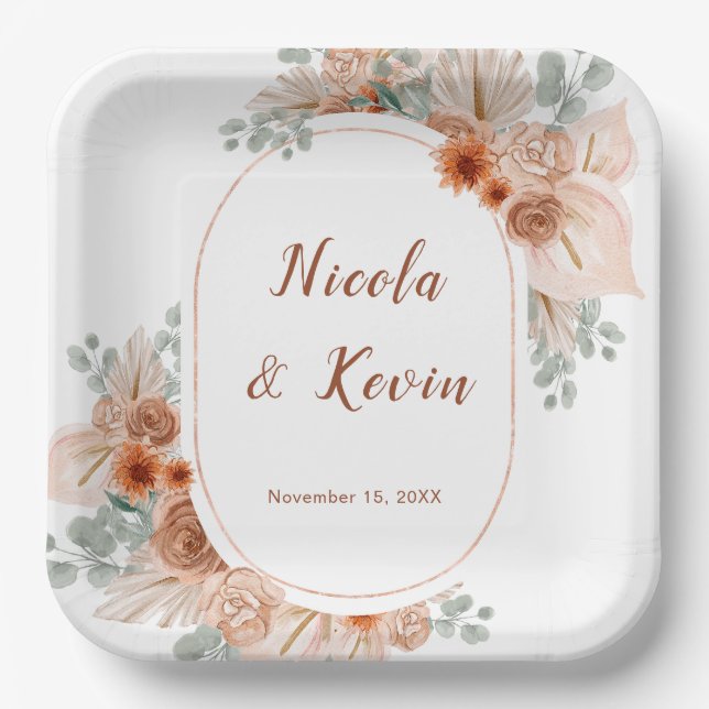 Boho Terracotta Pampas Grass wedding Pappteller (Vorderseite)