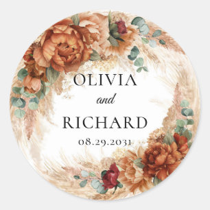 Boho terracotta Pampas Grünpflanzen Kupfer Blüte Runder Aufkleber