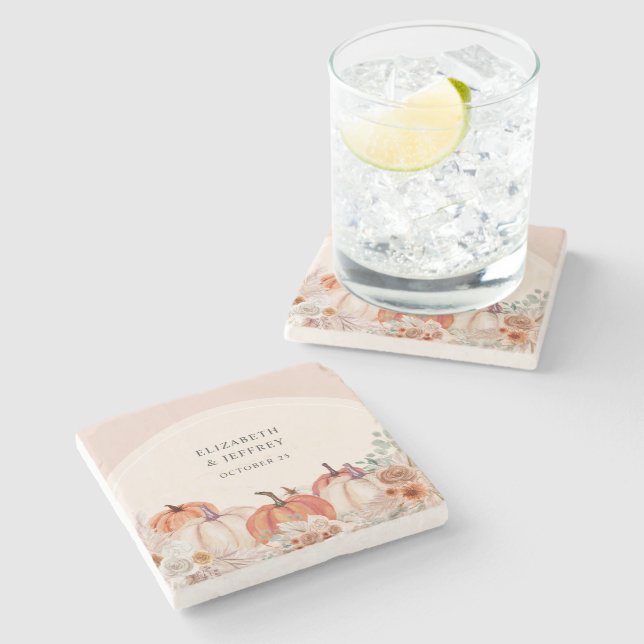 Boho Terracotta Pampas Pumpkins Hochzeit im Herbst Steinuntersetzer (Seitenansicht)