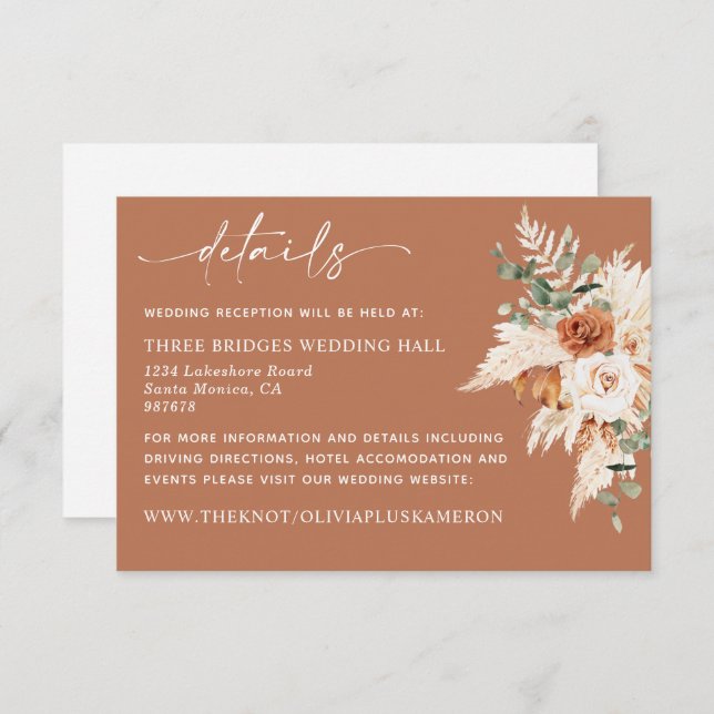 Boho Terracotta Pampas Wedding Details Card LEYLA (Vorne/Hinten)