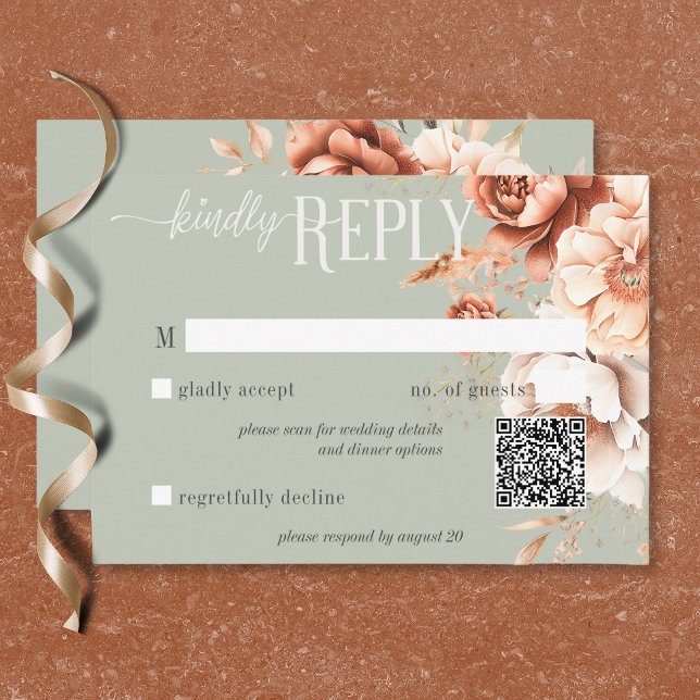 Boho Terracotta Peach Cream Floral Green QR Code RSVP Karte (Boho Terracotta Peach Cream Floral Green QR Code RSVP Card)