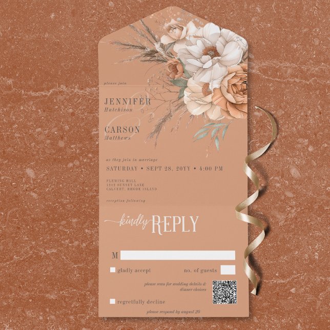 Boho Terracotta Peach & Cream Floral QR Code All In One Einladung (Boho Terracotta Peach & Cream Floral QR Code All In One Invitation)