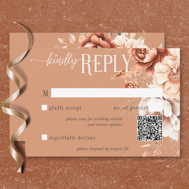 Boho Terracotta Peach & Cream Floral QR Code RSVP Karte (Boho Terracotta Peach & Cream Floral QR Code RSVP Card)