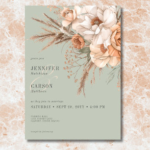 Boho Terracotta Peach & Cream Grüne Hochzeit Einladung