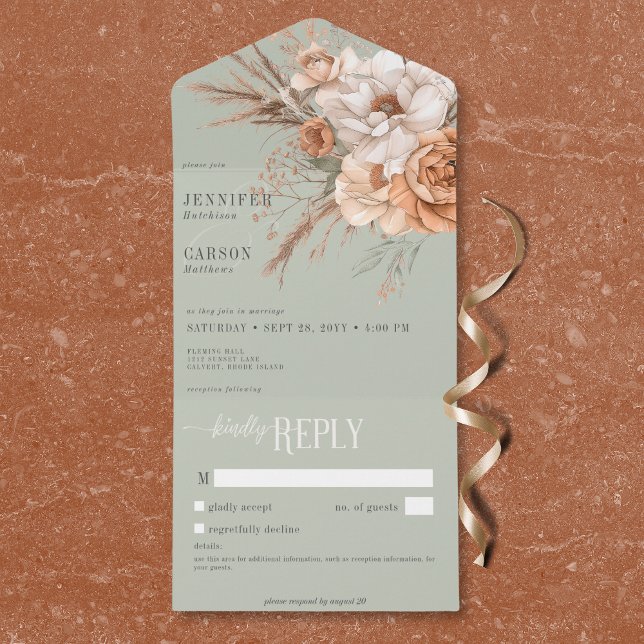 Boho Terracotta Peach Creme Floral Green Kein Aben All In One Einladung (Boho Terracotta Peach Cream Floral Green No Dinner All In One Invitation)