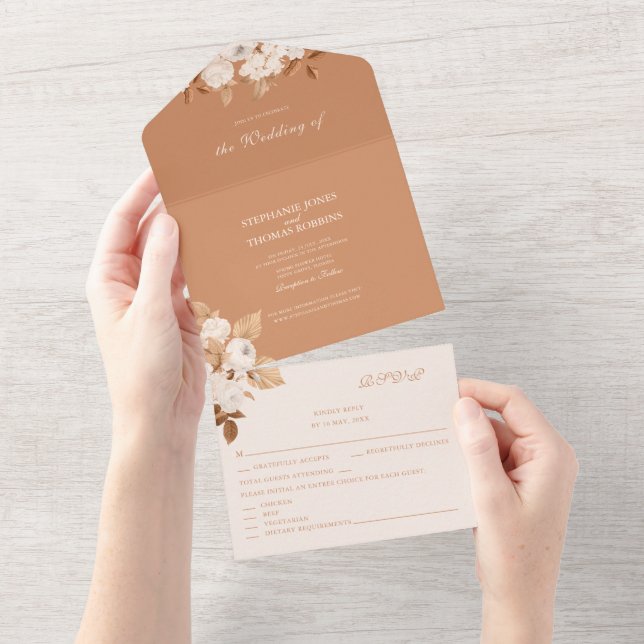 Boho Terracotta Peonies All in One Wedite Einladun Einladung (Abreißen)