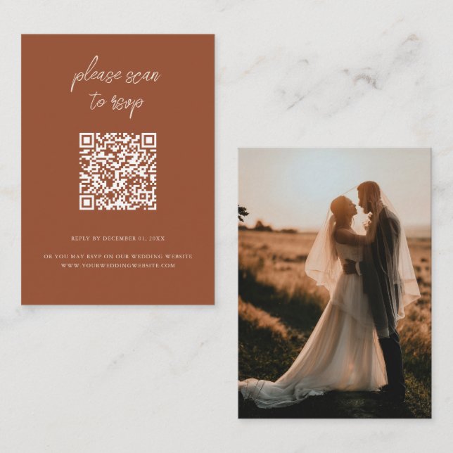 Boho Terracotta QR Code Foto Wedding RSVP Begleitkarte (Vorne/Hinten)