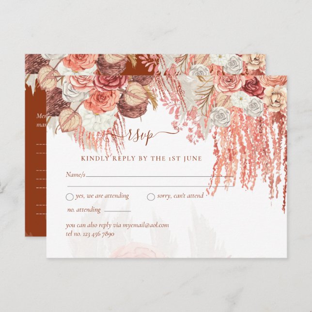 Boho Terracotta Rose Pampas Grass Floral Wedding Postkarte (Vorne/Hinten)
