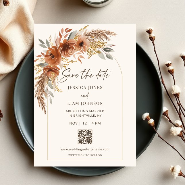 Boho Terracotta Rust Fall Floral Wedding QR Code Save The Date (Modern Elegant Boho Terracotta Rust Fall Floral Wedding Save the Date)