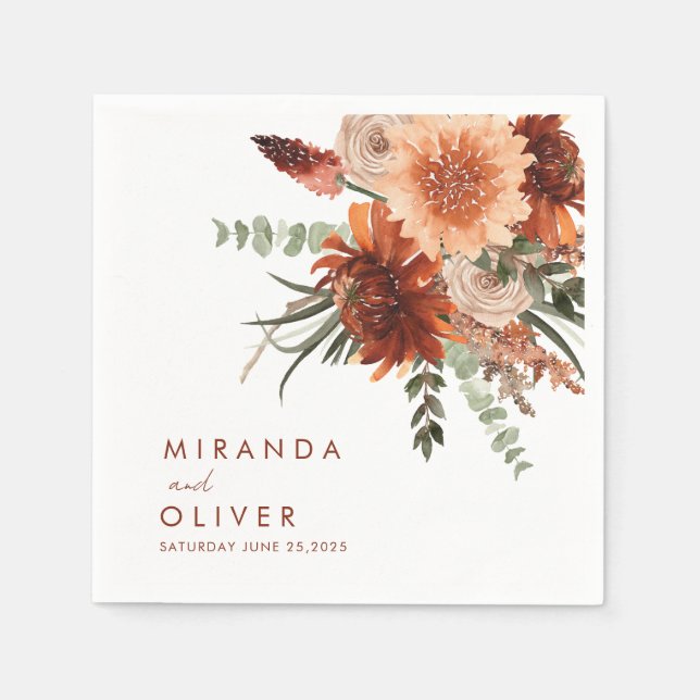 Boho Terracotta Rust Wasserfarbe Blumenzehen Serviette (Vorderseite)