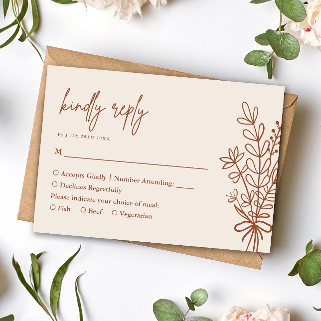 Boho Terracotta Rustic Kindly Antwort Hochzeit (Boho terracotta kindly reply RSVP card keeps responses simple with warm rustic charm.)