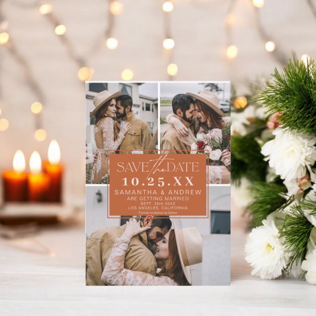 Boho terracotta Save the Date 3 Foto Gitterkollekt (Boho terracotta save the date 3 photo grid collage)