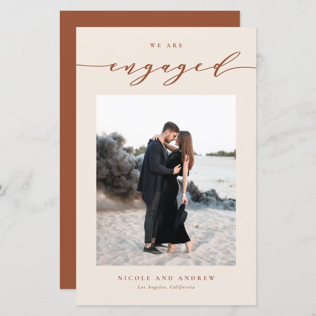 Boho Terracotta Script Verlobung Ankündigung (Vorne/Hinten)