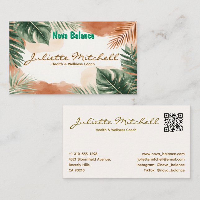 Boho Terracotta Tropical Health Business Card Visitenkarte (Vorne/Hinten)
