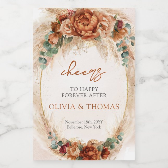 Boho Terracotta und bordeauxrote Blume Pampasgras Weinetikett (Einzelnes Label)