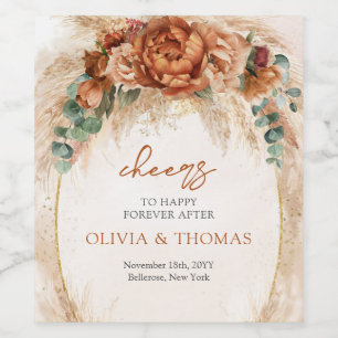 Boho Terracotta und bordeauxrote Blume Pampasgras Weinetikett