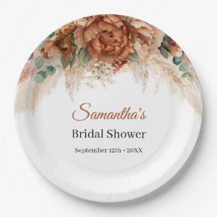 Boho terracotta und bordeauxrote Blumenpampas Pappteller