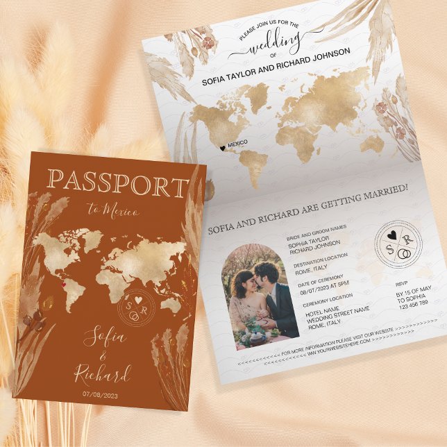 Boho Terracotta Wedding Passport Weltkarte Einladung (Von Creator hochgeladen)