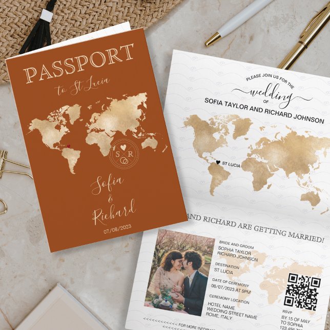 Boho Terracotta Wedding Passport Weltkarte QR Code Einladung (Von Creator hochgeladen)