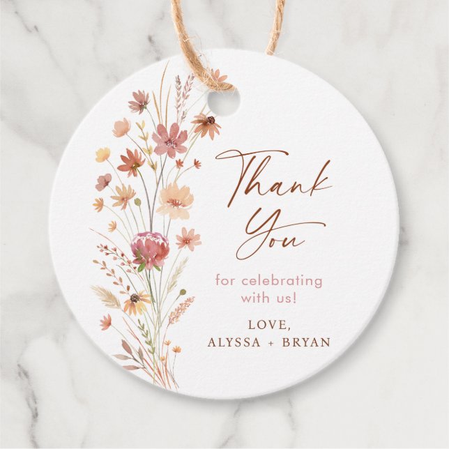 Boho Terracotta Wildblume Babydusche Geschenkanhänger (Vorderseite)