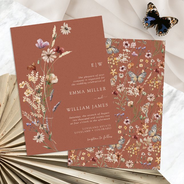Boho Terracotta Wildblume Wedding Einladung (Boho Terracotta Wildflower Wedding Invitation Monogrammed by Painted Paperie
)