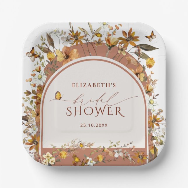 Boho Terracotta Wildblumen Arch Brautparty Pappteller (Vorderseite)