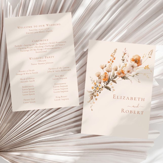 Boho Terracotta Wildblumen Hochzeit im Herbst Prog Programm (Boho Terracotta Wildflowers Fall Wedding Program (front and back) on a sunny neutral dry palm leaf)