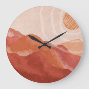 Boho-Terrakotta-Berge, abstraktes Poster. Große Wanduhr