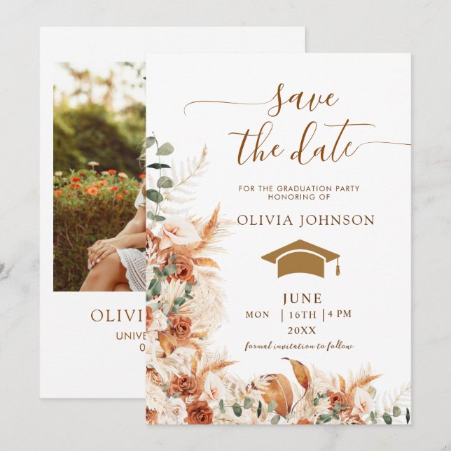 Boho-Terrakotta-Blumen-Foto-Abschluss  Save The Date (Vorne/Hinten)