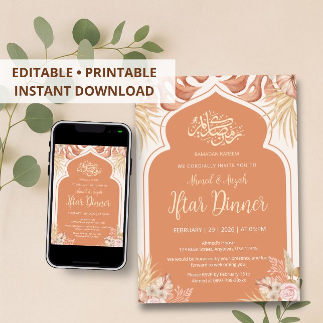 Boho-Terrakotta-Blumen-Islamischer-Bogen-Iftar-Abe Einladung (Von Creator hochgeladen)