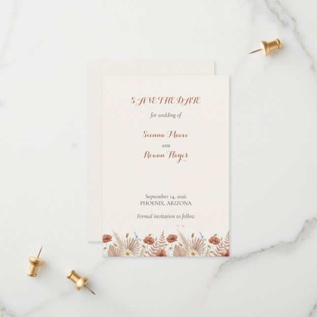 Boho-Terrakotta-Blumen & Pampasgras Save The Date (Vorderseite/Rückseite Beispiel)