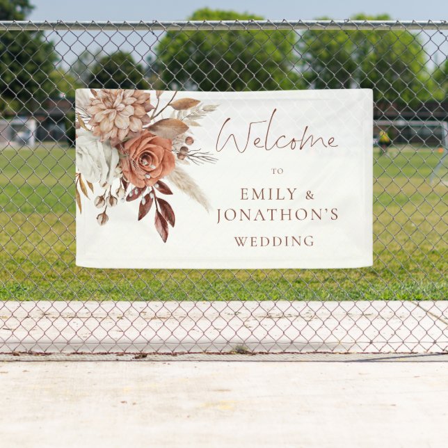Boho-Terrakotta-Blumen Willkommen zur Hochzeit Banner (Insitu)