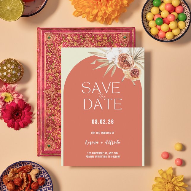 Boho-Terrakotta-Bogen-Blumen-Save-the-Date-Vorlage Save The Date (Von Creator hochgeladen)