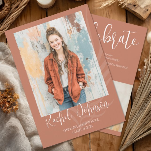 Boho Terrakotta Foto-Abschluss Einladung (Boho Graduation Photo Invitation)