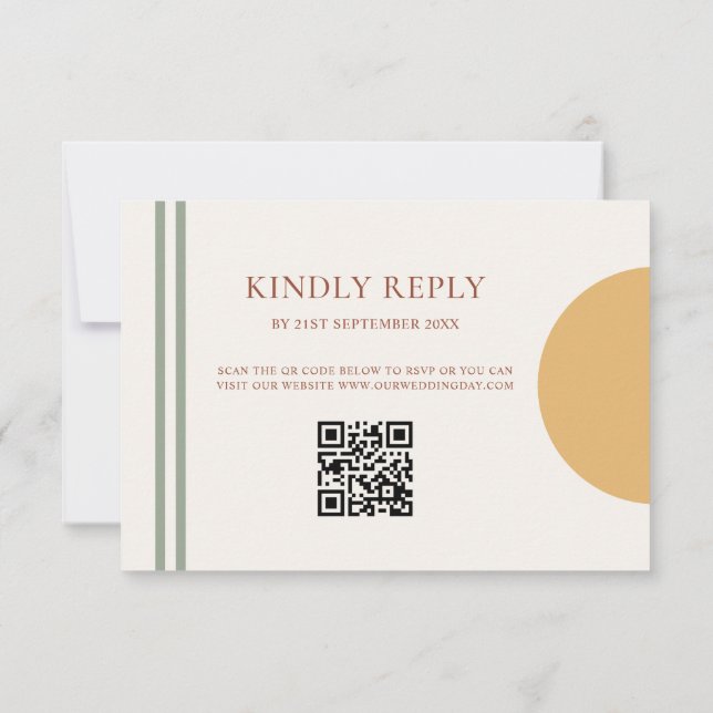 Boho Terrakotta Gelbe Bögen QR Code RSVP Karte (Rückseite)