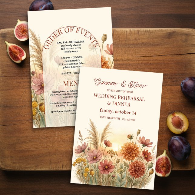 Boho-Terrakotta-Herbst-Wildblumen-Probedinner Einladung (Wedding Rehearsal Dinner invitation designed with fall meadow wildflowers by Darling & May)