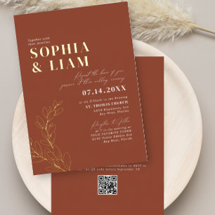 Boho-Terrakotta-Hochzeit mit RSVP-QR-Code-Einladun Folieneinladung