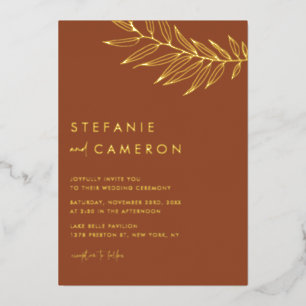 Boho-Terrakotta-Minimalist-Laub-Blatt-Hochzeit Folieneinladung