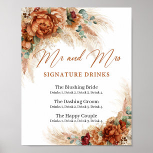 Boho Terrakotta Pampas Mr und Mrs Signature-Drinks Poster