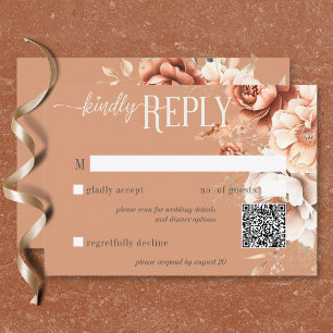 Boho Terrakotta Pfirsich & Creme Blumen QR Code RSVP Karte