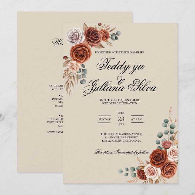 Boho Terrakotta QR-Code 2 in 1 Hochzeitseinladung Einladung (Vorne/Hinten)